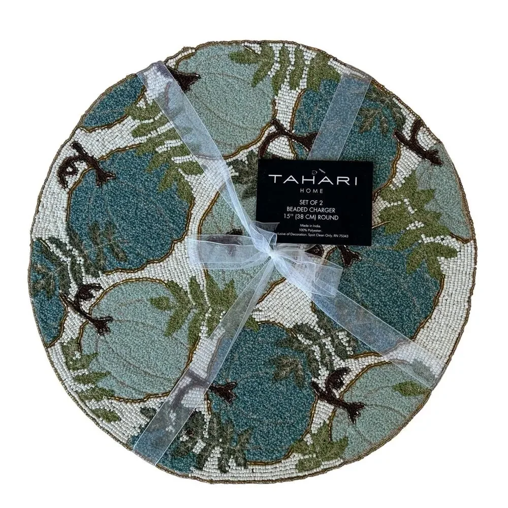 2pc Tahari Beaded Pumpkin Placemats 15in Round Blue Green Fall Thanksgiving NEW